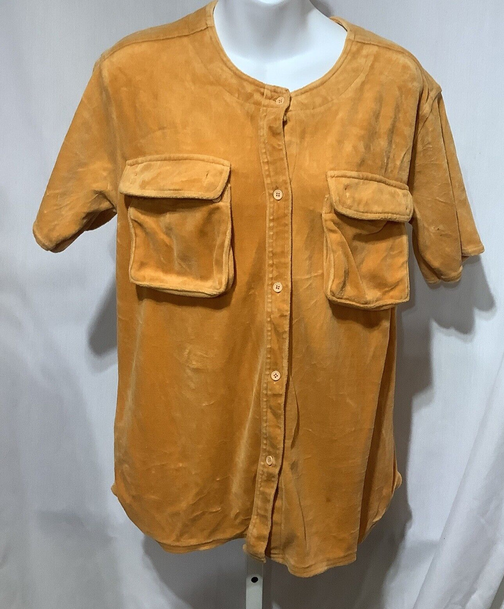 Vintage 70s IQ Gold Velour Terry Button Short Sleeve Shirt Medium Pocket Top